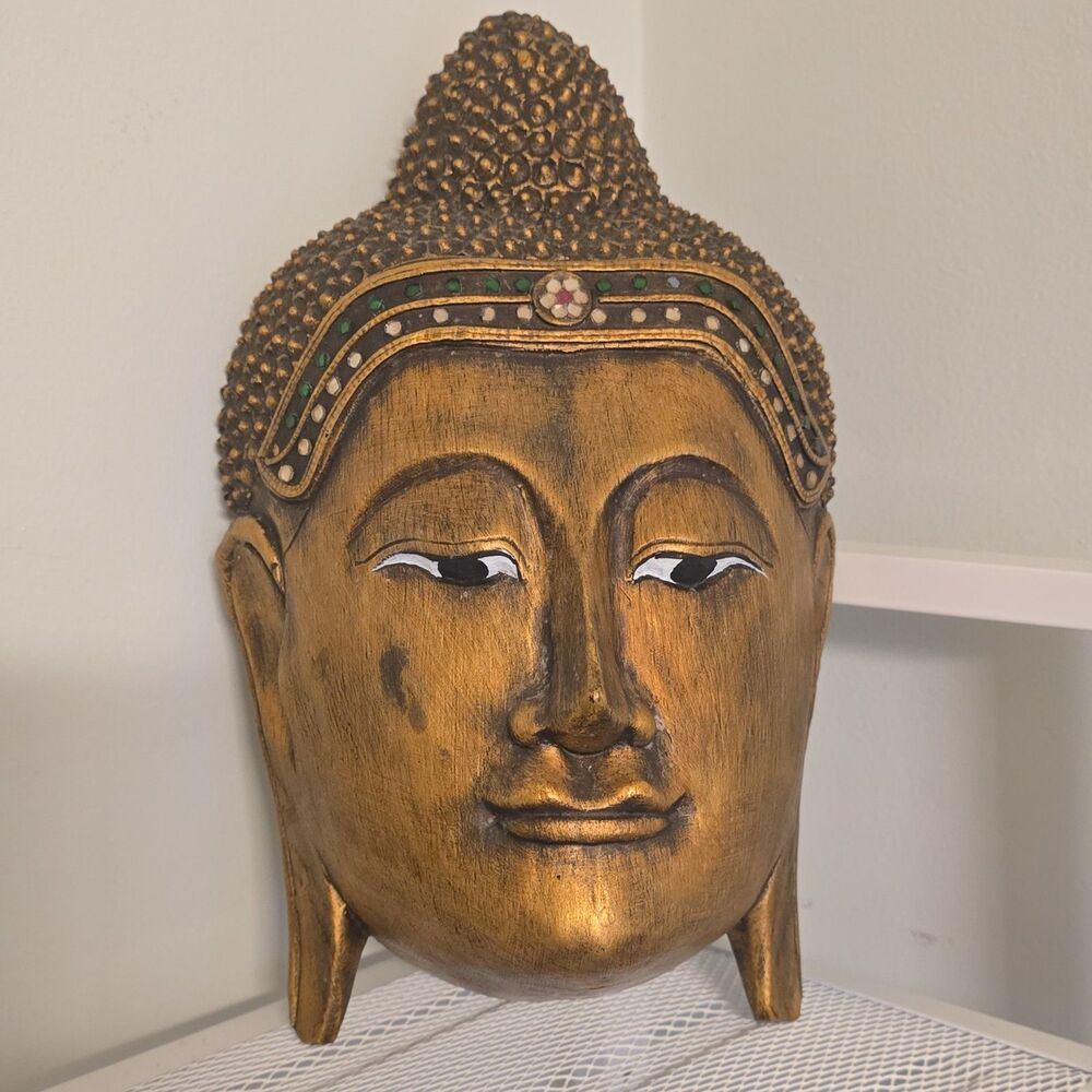 Wooden Buddha Head Bust Sculpture Gold Brown Matte Finish  Asian Wall Decor